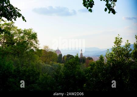 View of Florence city through the green trees , Italy. Summer time. Duomo. Stock Photo