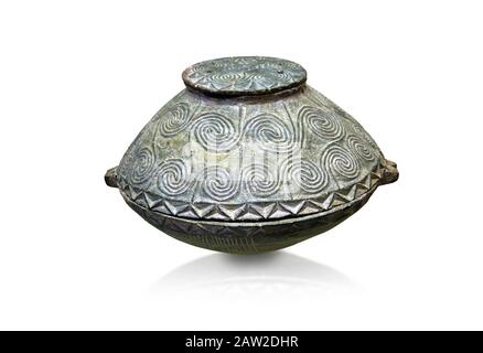 Early Minoan round bronze box with intricate pattern on lid,  George of the Dead 2600-2300 BC BC, Heraklion Archaeological  Museum, white background . Stock Photo