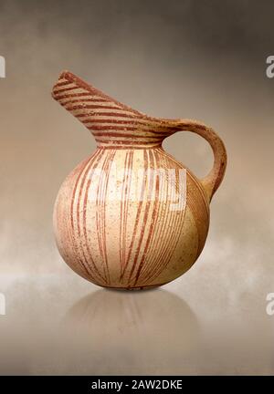 Early Minoan rounded jug with typical brownish red painted converging daigonal lines,  Hagios Onouphrios 2900-1900 BC BC, Heraklion Archaeological  Mu Stock Photo