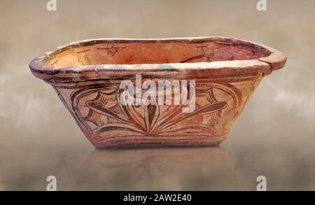 Minoan  pottery bath tub larnax decorated with a stylised crocus flower ,  Episkopi-Lerapetra 1350-1250 BC, Heraklion Archaeological  Museum.  To the Stock Photo