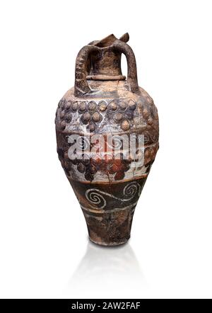 Minoan Kamares Ware ewer jug with applique seashell decorations , Phaistos 1800-1700 BC; Heraklion Archaeological  Museum, white background.  This sty Stock Photo