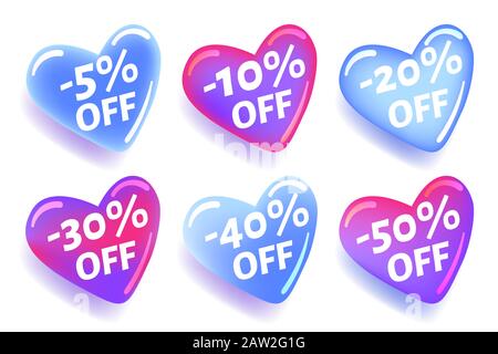 Glossy heart shaped discount stickers for design of advertising banners for web pages and prints, vector stickers with shadow isolated on white Stock Vector