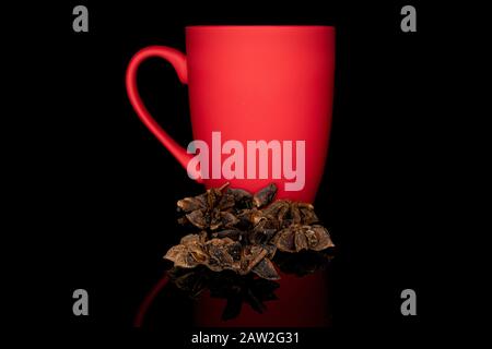 Lot of whole aromatic brown badian with red ceramic cup isolated on black glass Stock Photo