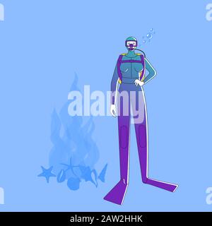 Female Diver in suite under water. Isolated on white background. Flat style vector illustration Stock Vector