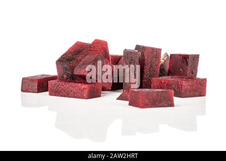 Lot of pieces of raw sweet beetroot isolated on white background Stock Photo