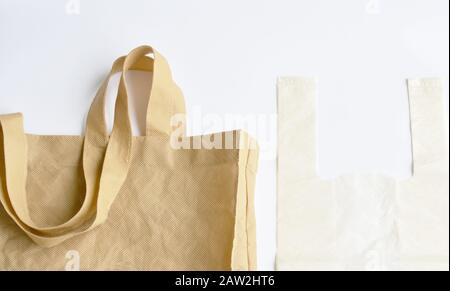 fabric and plastic bag optional for environment concern on white background Stock Photo