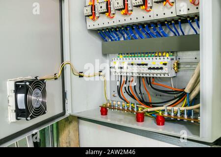 Electric power circuit breakers are in the fuse box. The wires with the terminals are grounded in the electrical cabinet. Modern safe wiring Stock Photo