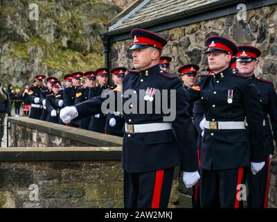 Edinburgh Castle, Edinburgh, Scotland, United Kingdom. 06th Feb, 2020. 21 Gun Salute: The salute by the 26 Regiment Royal Artillery marks the occasion of the Queen's accession to the throne on 6th February 1952, 68 years ago with soldiers marching Stock Photo