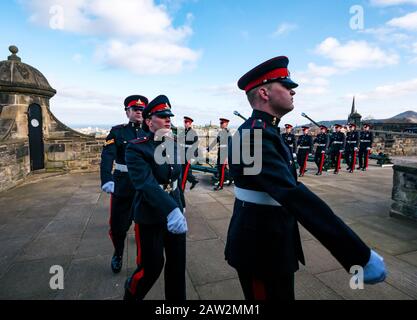 Edinburgh Castle, Edinburgh, Scotland, United Kingdom. 06th Feb, 2020. 21 Gun Salute: The salute by the 26 Regiment Royal Artillery marks the occasion of the Queen's accession to the throne on 6th February 1952, 68 years ago with soldiers marching Stock Photo