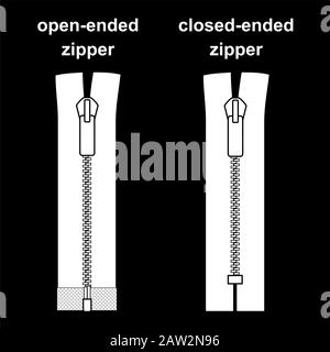 Zipper types. Closed-ended and open-ended scheme zip vector illustration isolated on black background Stock Vector
