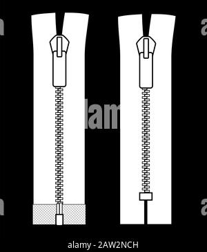 Zipper types. Closed-ended and open-ended scheme zip vector illustration isolated on black background. Stock Vector