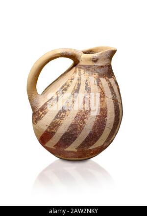 Minoan Kamares Ware ewer jug with  polychrome decorations, Phaistos Palace 1800-1600 BC; Heraklion Archaeological  Museum, white background.  This sty Stock Photo