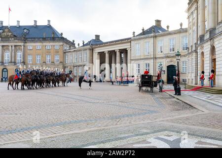 Horse and Carriage at the Changing of the Guard, Amalienborg Palace, Copenhagen, Denmark Stock Photo