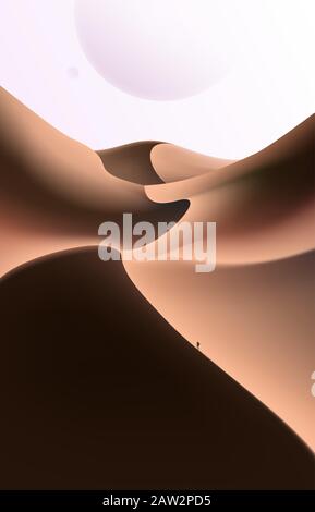 A vector illustration of the science fiction scene of one human is walking in the desert on another planet somewhere else in the universe. Stock Vector