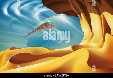 A vector illustration of science fiction scene in vector art that aircrafts flying over the desert on another planet. Stock Vector
