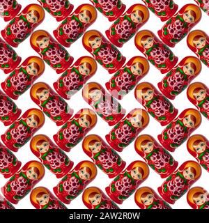 Seamless pattern of matreshka nesting dolls on white background isolated, red matrioska ornament wallpaper, beautiful matryoshka backdrop, russian art Stock Photo