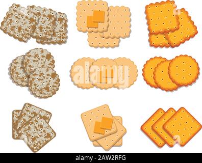 vector set of cracker chips. top view of cheese crackers isolated on white background. Stock Vector