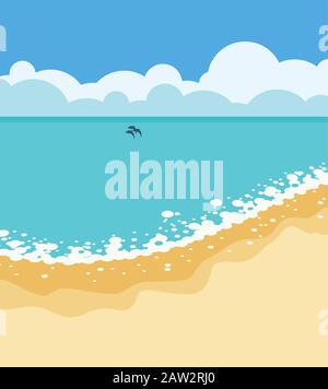vector summer tropical background with sandy beach, sea or ocean shore, water wave, blue sky and clouds Stock Vector