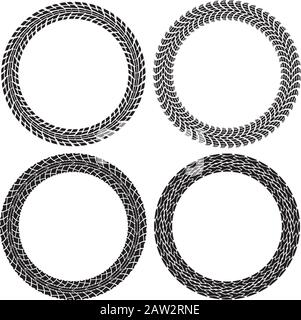 vector set of round tire tracks. tractor and car circle patterns. design of tyre prints and copy-space for your text. black and white illustration Stock Vector