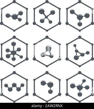 vector abstract molecule icons design. hexagon science or medical logo isolated on white background. set of flat gray color molecules Stock Vector