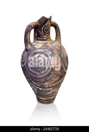 Minoan Kamares Ware ewer jug with polychrome decorations , Phaistos 1900-1700 BC; Heraklion Archaeological  Museum, white background.  This style of p Stock Photo