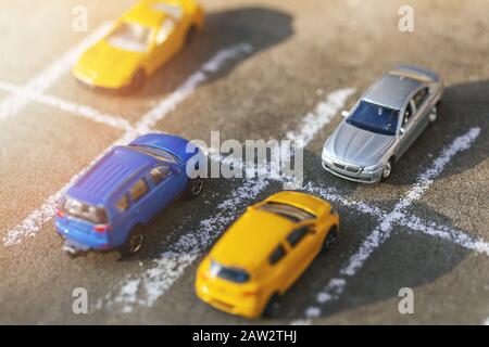 toy cars on parking lot Stock Photo