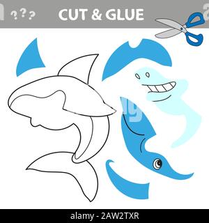 Educational paper game for children. Cut and glue cartoon shark. Activity worksheet. Vector illustration Stock Vector
