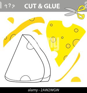 Education paper game for preshool children. Paper crafts for kids. Use scissors, cut parts of the image and glue to create the cheese Stock Vector