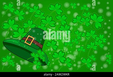 Saint Patricks day background with sprayed clover leaves or shamrocks. Clover leaves with hat on dark green background for holiday design.Stock vector Stock Vector