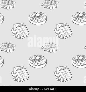 Belgian Waffle Seamless Pattern Drawing. Gold belgian dessert ...