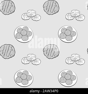 Biscuit seamless pattern greyscale drawing. Useable for wallpaper or any sized decoration. Handdrawn Vector Illustration Stock Vector