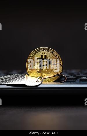 Bitcoin coin on a hook over the keyboard. Cryptology scam concept Stock Photo