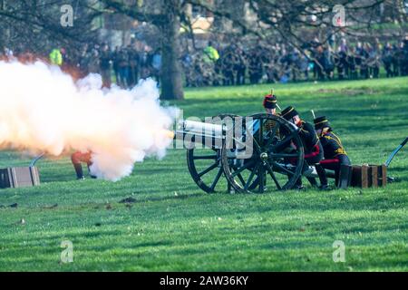 London, UK. 6th Feb, 2020. The King's Troop Royal Horse Artillery, wearing immaculately presented full dress uniform, provide a colourful sight when they ride their horses and gun carriages at The Green Park to stage a 41 Gun Royal Salute to mark the 68th Anniversary of the Accession of Her Majesty The Queen. Credit: Ian Davidson/Alamy Live News Stock Photo