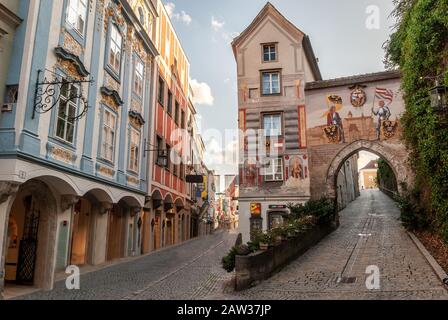 Steyr, old street and facades with painting and frescos on Blumauerhaus, Upper Austria Stock Photo