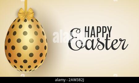 Easter golden egg hanging on a bow with a pattern of black dots. Greeting card. Vector illustration. EPS 10 Stock Vector