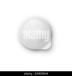 Round white realistic vector pot with a lid of foil for storing yogurt, sour cream and other dairy products and desserts. Stock Vector
