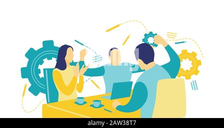 Flat vector illustration, happy business team excited about celebrating victory, raising hands and clapping. Unexpected victory. Stock Vector