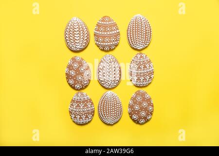 Easter cookies on a yellow background. Place for text. Easter eggs. Stock Photo