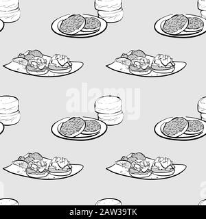 English muffin seamless pattern greyscale drawing. Useable for wallpaper or any sized decoration. Handdrawn Vector Illustration Stock Vector