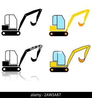 Icon set showing an illustration of an excavator represented in different styles Stock Vector