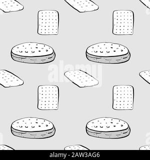 Hardtack seamless pattern greyscale drawing. Useable for wallpaper or any sized decoration. Handdrawn Vector Illustration Stock Vector