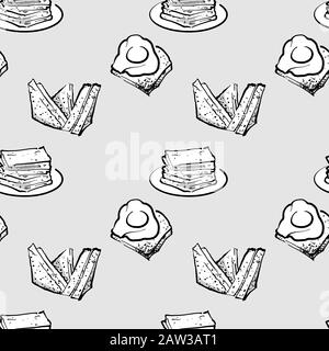 Kaya toast seamless pattern greyscale drawing. Useable for wallpaper or any sized decoration. Handdrawn Vector Illustration Stock Vector