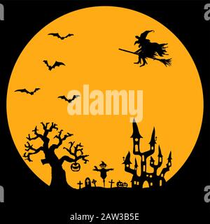 dark castle and witch in front of full moon with scary illustrated elements for Halloween background layouts Stock Vector