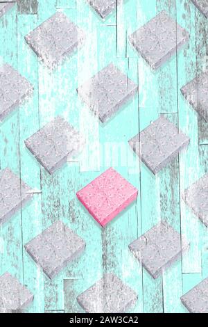 Creative seamless diagonal pattern with one pink gift box among grey ones with turquoise Zine textured wooden overlay background. Valentine's day conc Stock Photo