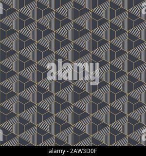 Abstract seamless pattern. Modern stylish texture. Linear style. Geometric tiles with triple hexagonal elements. Striped triangles. Vector color. Stock Vector