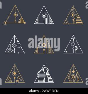 Collection of colored triangles, separated with lines and circles. Set of geometric elements, isolated on dark background. Abstract sacred geometry. Stock Vector