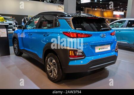 BRUSSELS - JAN 9, 2020: New Hyundai Kona Hybrid car model showcased at the Brussels Autosalon 2020 Motor Show. Stock Photo