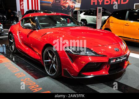 BRUSSELS - JAN 9, 2020: Toyota GR Supra  car model showcased at the Brussels Autosalon 2020 Motor Show. Stock Photo