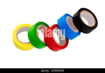 Insulating Tape isolated on white background. Set of different colors insulating tape. Stock Photo