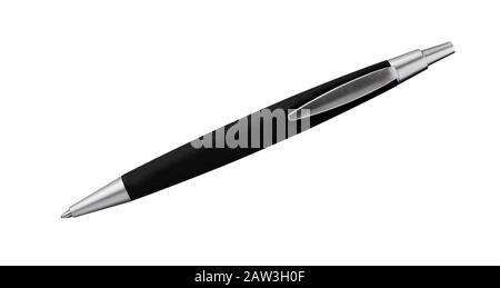 Metal pen isolated on white background. Black ballpoint pen cut out. Metallic disposable biro pen. Stock Photo